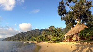 Uma praia com uma cabana de colmo, um barco na água e um morro coberto por vegetação.
