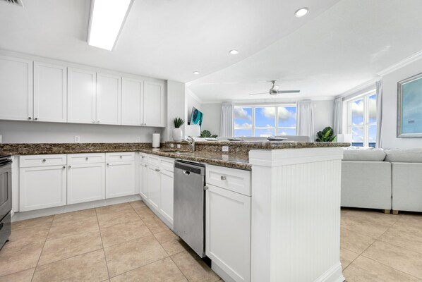 A modern kitchen with white cabinets, granite countertops, and a built-in dishwasher.