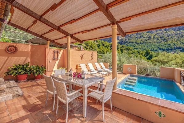 A covered patio with a pool, lounge chairs, and potted plants.