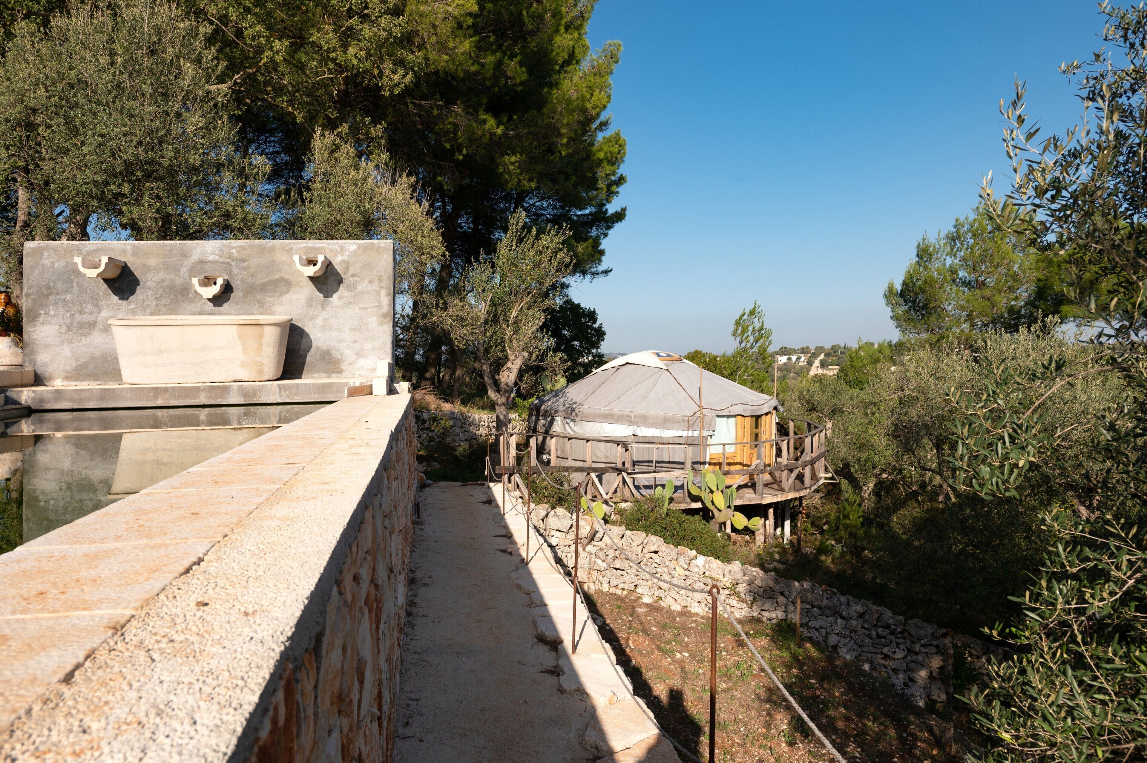 A stone pathway leading to a rustic wooden structure with a roof, surrounded by olive trees and a clear blue sky.
