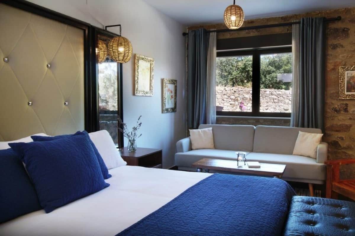 Ein Schlafzimmer mit einem Bett, einer Couch, einem Holzstuhl und einem Fenster mit Vorhängen.