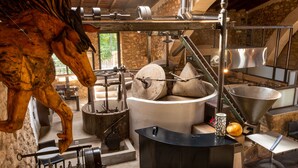 Een keuken met industriële apparatuur, een groot houten paardbeeld en een rustieke stenen muur.