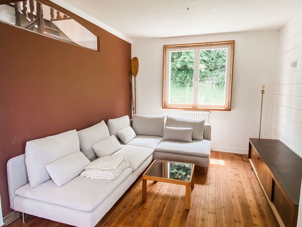 Smart TV, fireplace, books