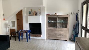 Smart TV, caminetto, libri, impianto stereo