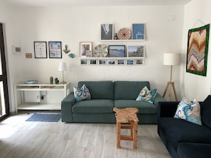 Smart TV, lareira, livros, aparelho de som