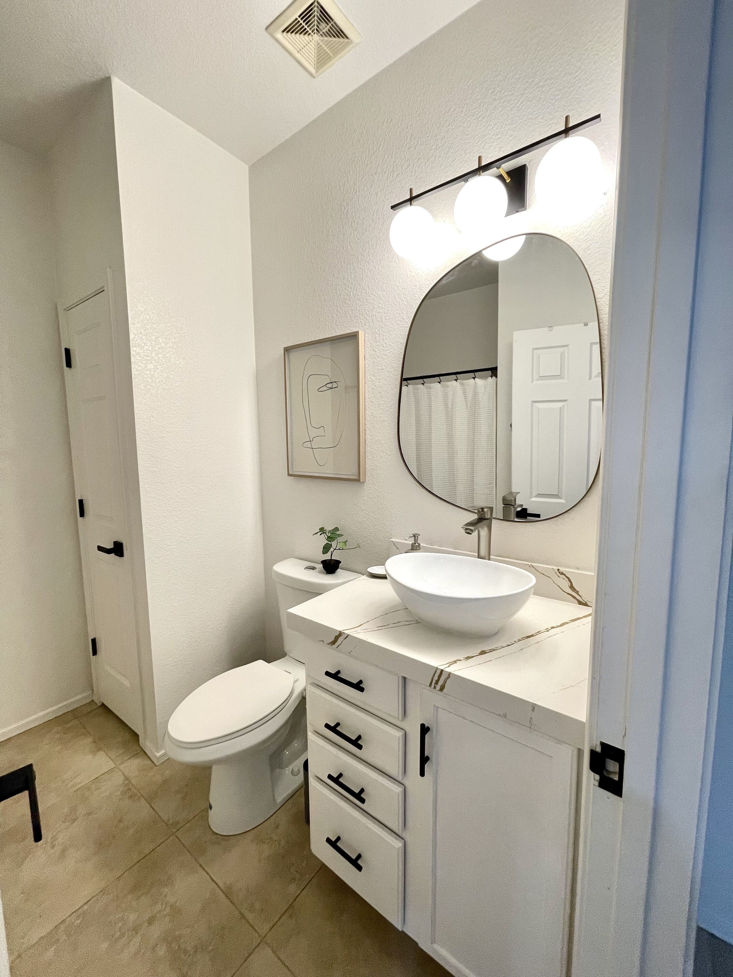 A bathroom with a white toilet, a sink with a large mirror above it, and a small potted plant on the counter.
