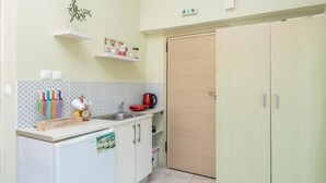 Cocina pequeña con armarios blancos, un lavamanos y una encimera. Hay utensilios, una tetera y una planta en los estantes.