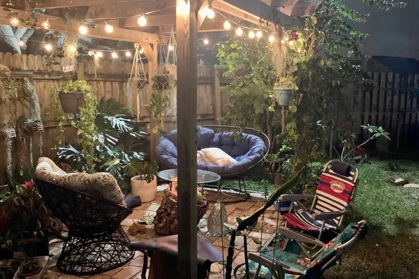 Private fenced in backyard