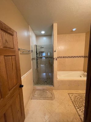 Combined shower/bathtub, jetted bath, hair dryer, towels