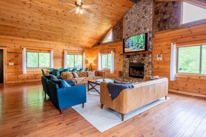 Smart TV, fireplace, DVD player, foosball