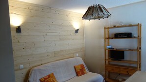 A room with a wooden wall, a sofa with two cushions, a wooden shelf with a television, and a hanging light fixture. - Plagne Montalbert Studio 4 people (Montalbert)