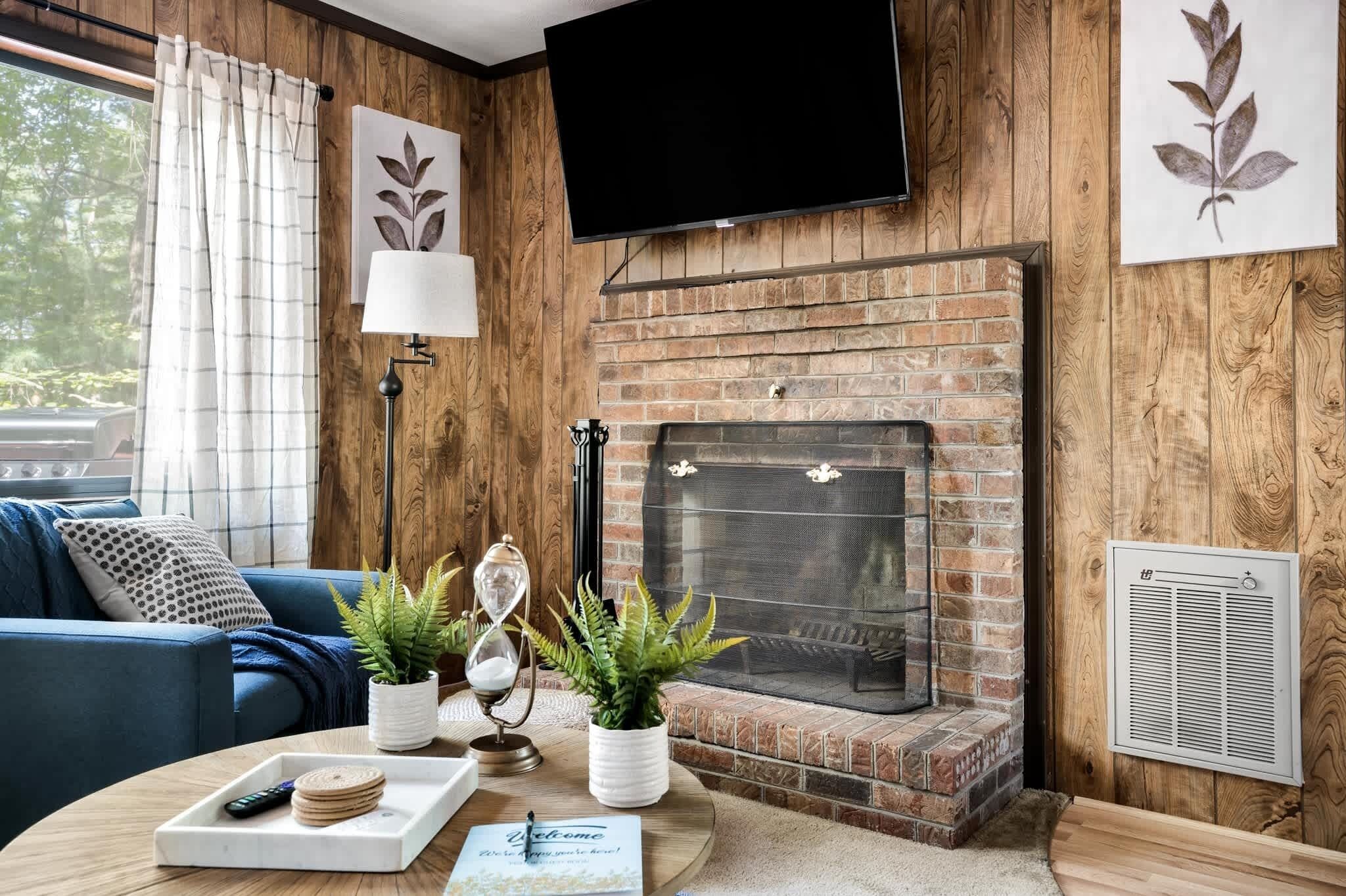 TV, fireplace, books, streaming services