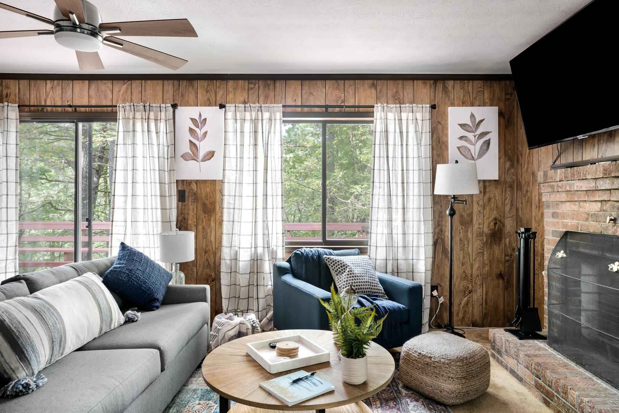 TV, fireplace, books, streaming services