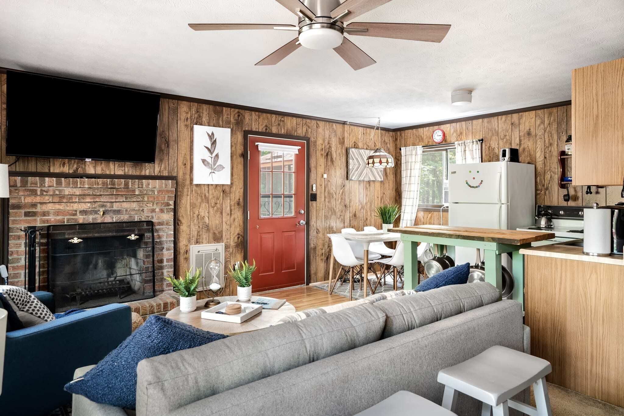 Télévision, cheminée, livres, services de streaming