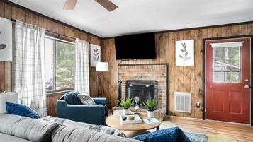 TV, fireplace, books, streaming services