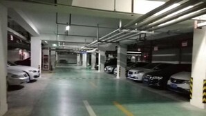 Un parking à plusieurs niveaux où sont stationnées plusieurs voitures.