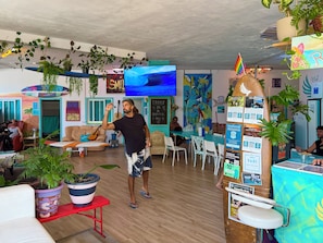 A hotel lobby with a TV, seating area, and various plants. - Medano Nest Hostel (Granadilla de Abona)