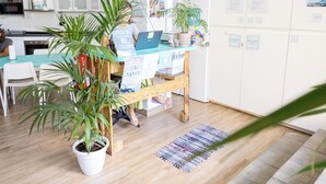 A modern office with a wooden desk, potted plants, and a computer.