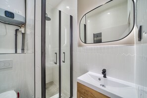 Shower, hair dryer, towels