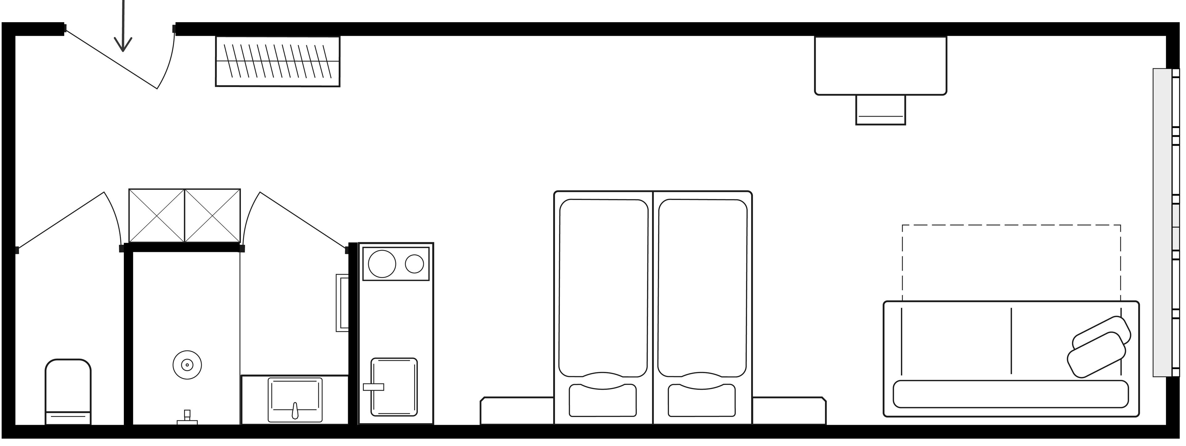 Un plan d’étage d’une chambre d’hôtel comprenant un lit, un bureau, une armoire, une salle de bain et une fenêtre.