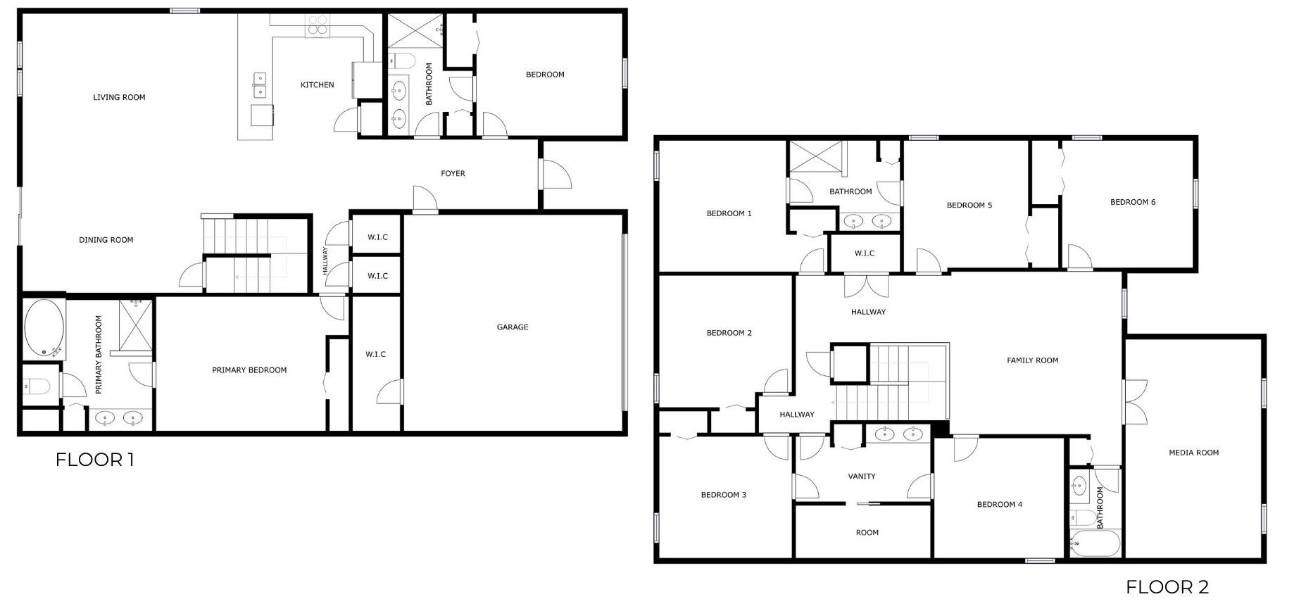 Plano de planta de una casa de dos pisos con sala de estar, cocina, comedor, dormitorio principal, dormitorios secundarios, baños, garaje y sala familiar.
