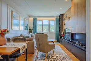 Smart TV, fireplace, stereo