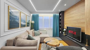 TV connectée, cheminée, chaîne hi-fi