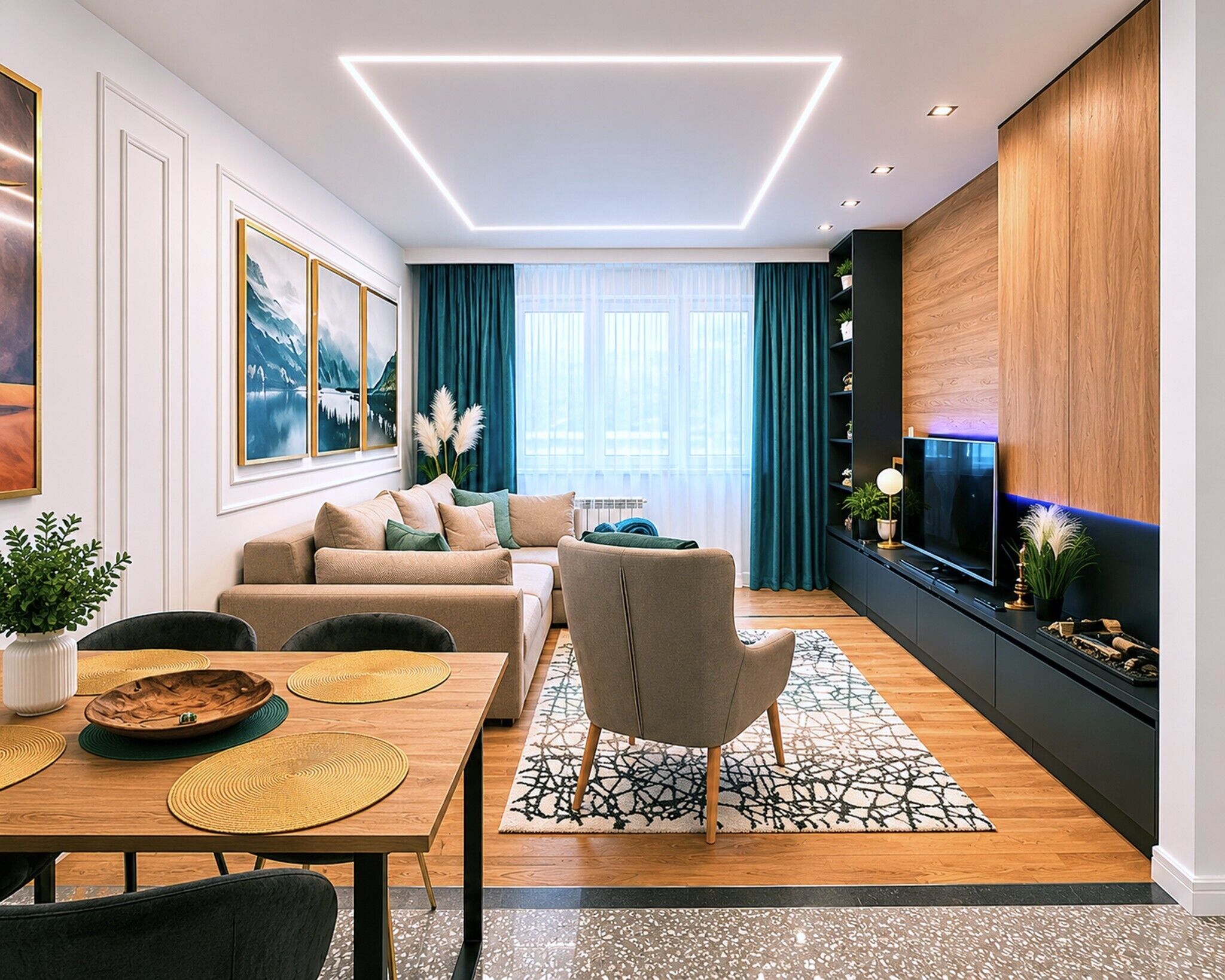 Smart TV, chimenea y estéreo 