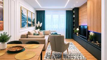 Smart TV, chimenea y estéreo