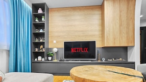 Een moderne woonkamer met een flatscreen-tv waarop 'NETFLIX' staat, een houten salontafel, een kamerbreed tapijt en een grijze bank.