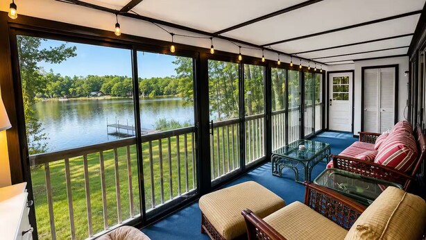 Un espacio al aire libre techado con vista a un lago, amoblado con sofá, reposapiés y mesa, e iluminación con luces colgantes.