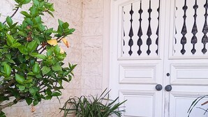A white door with decorative metal grilles, a potted plant, and a small tree with green leaves and yellow flowers. - Moradia Entre o mar e a ria (Gafanha da Nazaré)