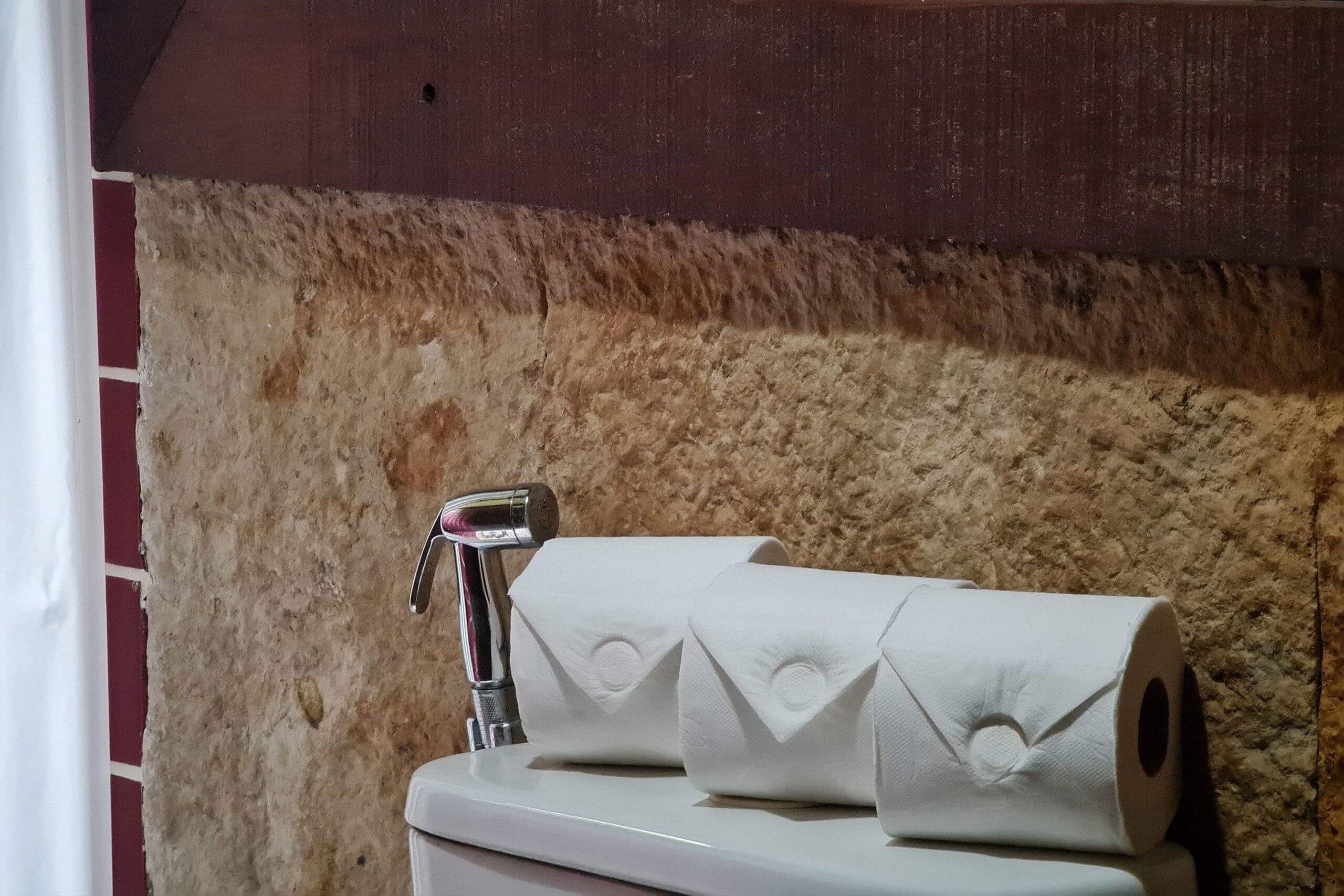 A bathroom with a stone wall, a white toilet, and a metal faucet.