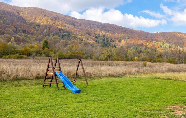 A playground with a blue slide and a swing set in a grassy field with a forested hill in the background.