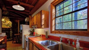 Una cocina rústica con armarios de madera, un ventanal con vistas al bosque, un lavabo y una estufa.