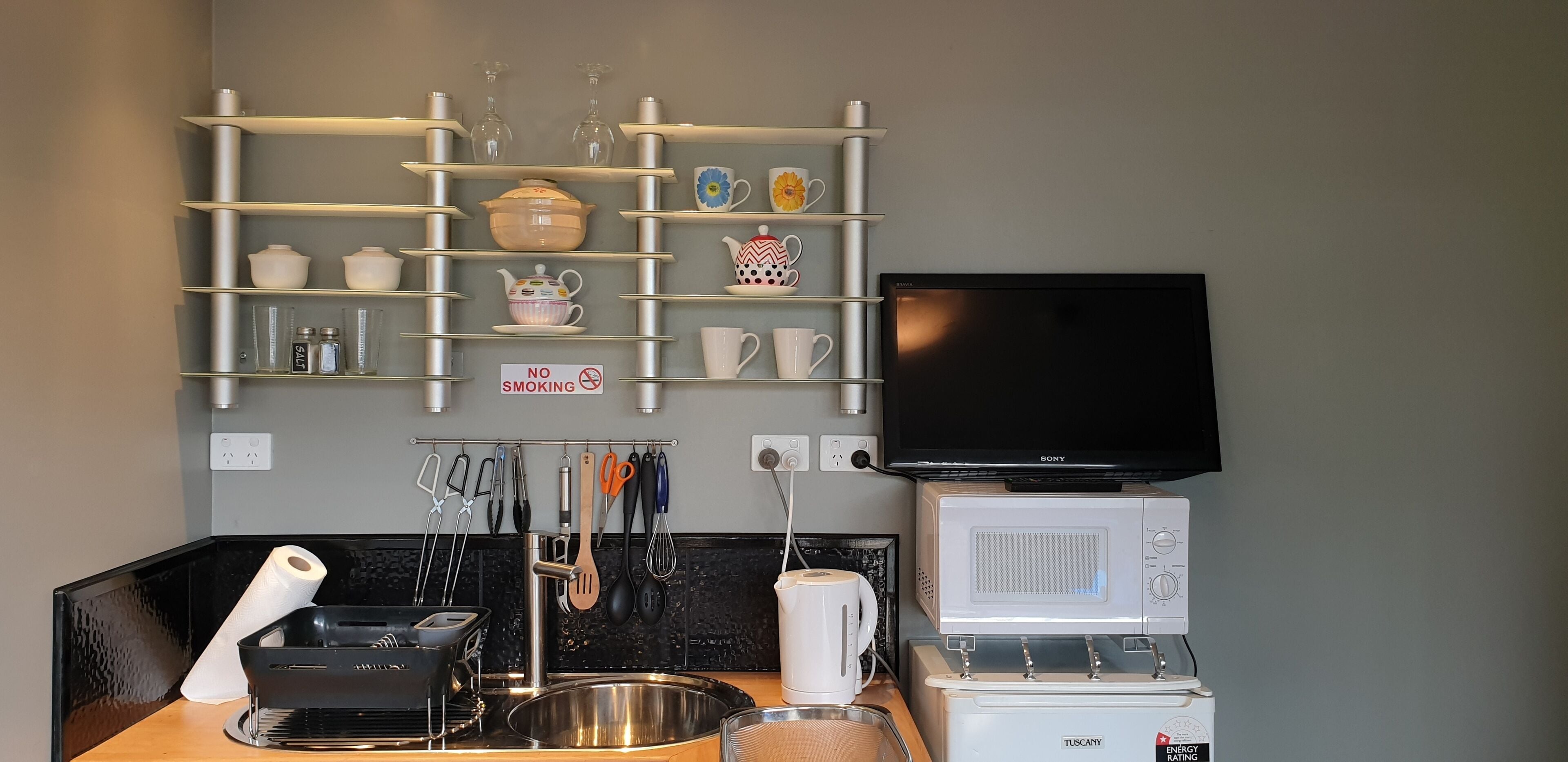 Fridge, microwave, electric kettle, toaster