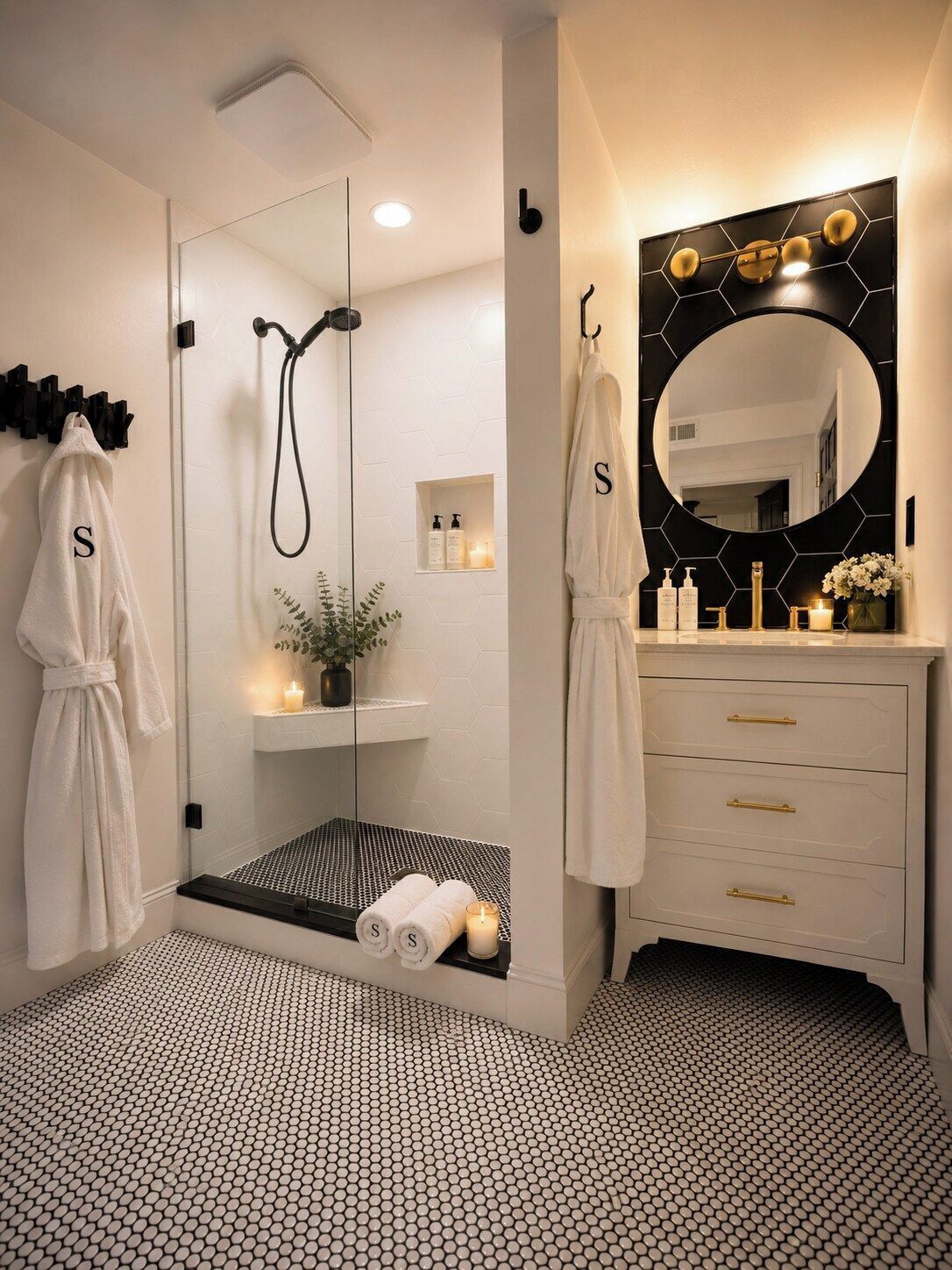 A modern bathroom with a glass-enclosed shower, a large mirror, and a vanity with a black hexagonal frame.