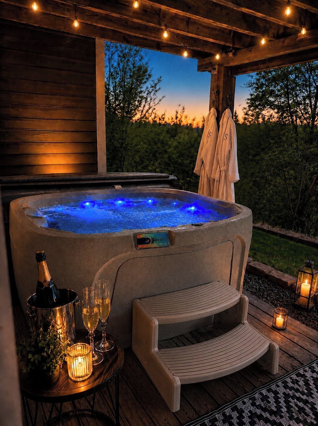 Ein Whirlpool mit blauen LED-Leuchten, eine Champagnerflasche und Gläser auf einer Holzterrasse.