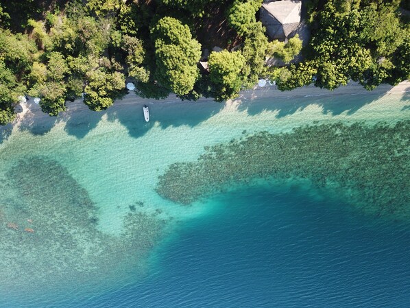 An aerial view of a coastal area with clear turquoise waters, a sandy beach, and dense green foliage. - Angel Island Eco Resort (Bidadari Island)