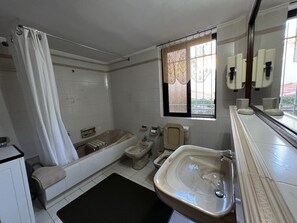 Combined shower/tub, hair dryer, towels