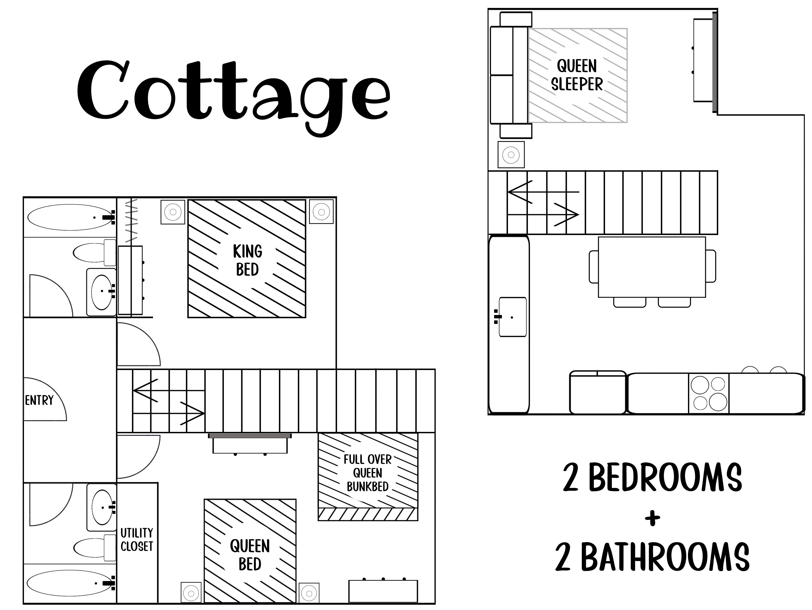 A cottage layout with 2 bedrooms and 2 bathrooms, including a utility closet and a full-over queen bunk bed.