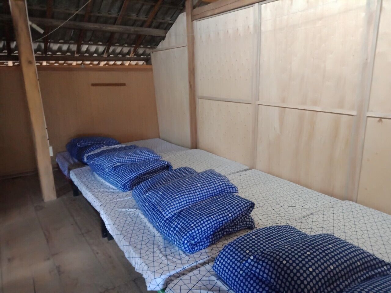 A room with four single beds, each with a blue checkered bedspread and white sheets.