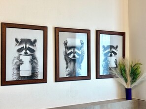 Three framed raccoon illustrations on a wall, with a vase of green plants on the right.