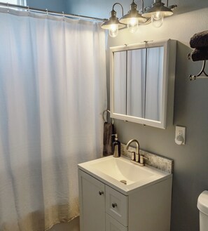 Combined shower/tub, hair dryer, towels, soap