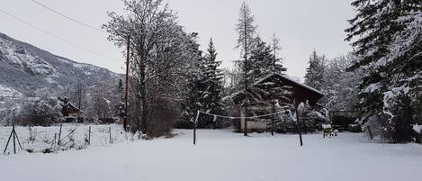 A cabin surrounded by snow-covered trees and a mountain in the background.