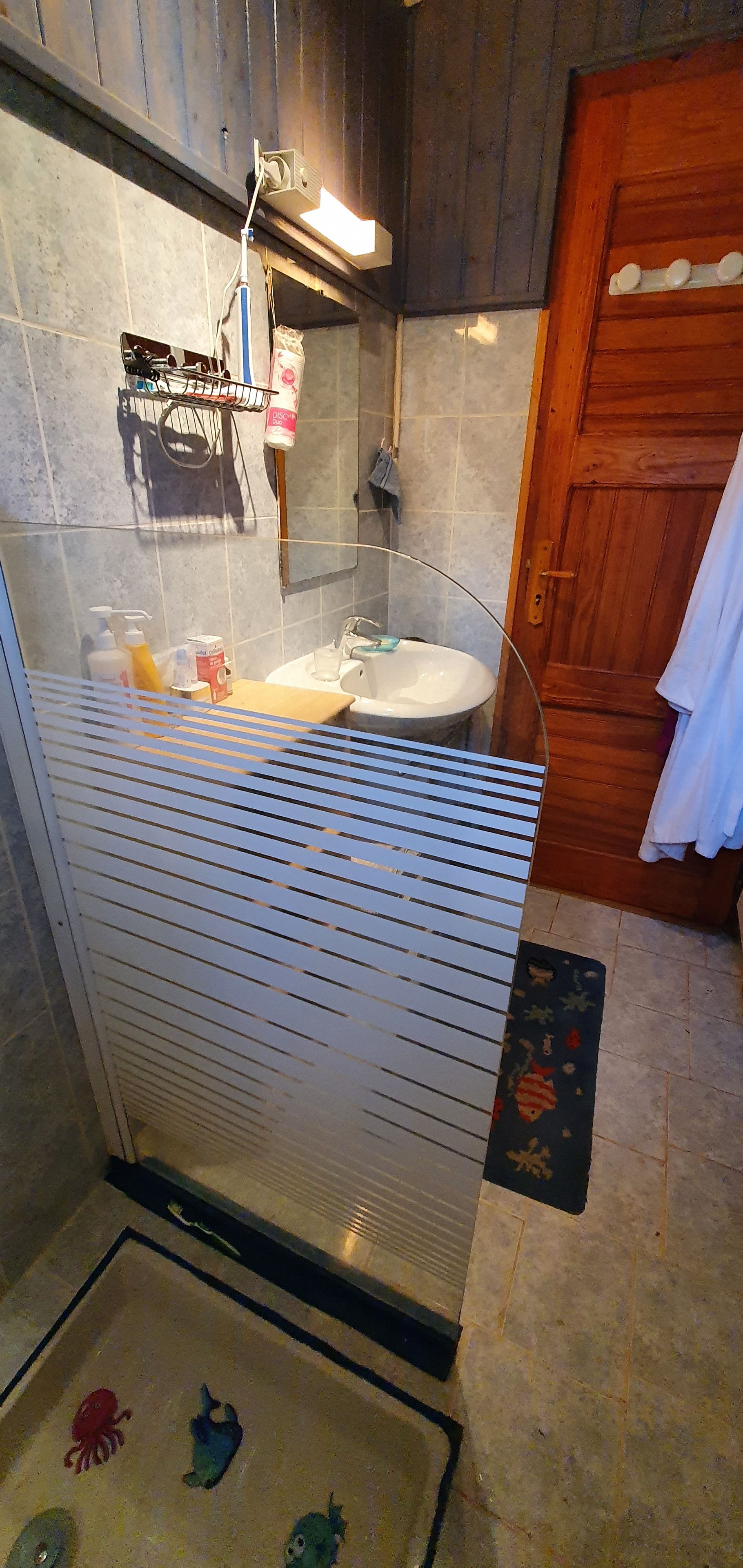 A bathroom with a shower, a sink, and a wooden door.
