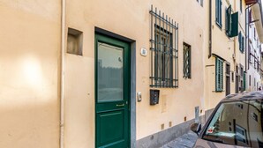 Une rue étroite avec une porte verte, un portail en métal et une voiture garée.