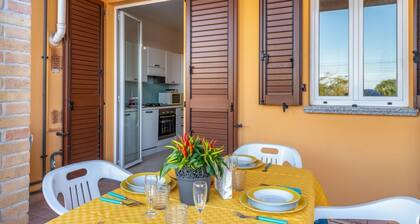 Bright and comfortable apartment, able to accommodate up to 4 people, with a large double bedroom and bedroom with a bunk bed, equipped terrace, living room and kitchenette. Ideal for a relaxing beach holiday, a few meters from the Blue Beach and in a co