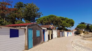 A row of cabins with a gravel path leading to them, surrounded by trees. - 🌊 5 mn plage 🌴 Proche LA ROCHELLE - Charmant T2 🏡 4 Pers. (Salles sur Mer)