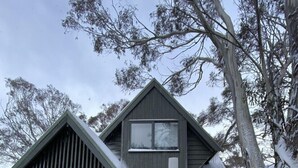 Una cabaña de madera con puerta y ventana, y suelo cubierto de nieve.